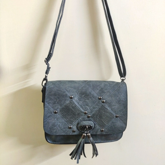 Boho Grey Green Sling Purse/ Wallet with metal studs and tassles - Picture 4 of 7